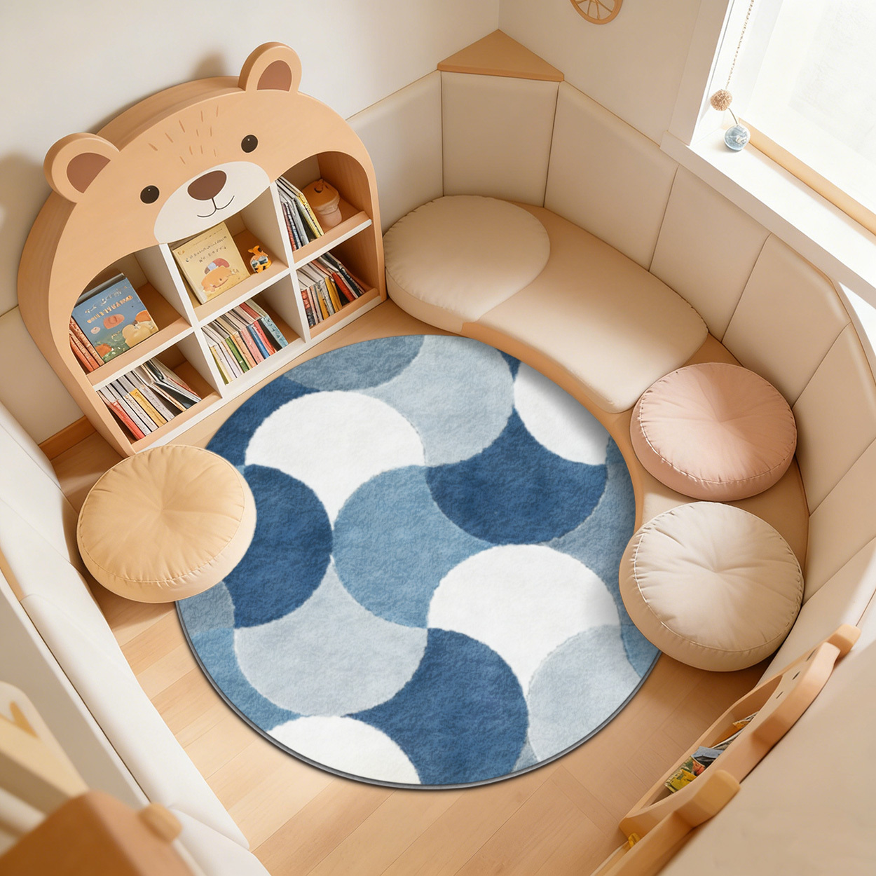Baby Nursery Carpet - Dziecięcy okrągły dywan z niebieskim geometrycznym