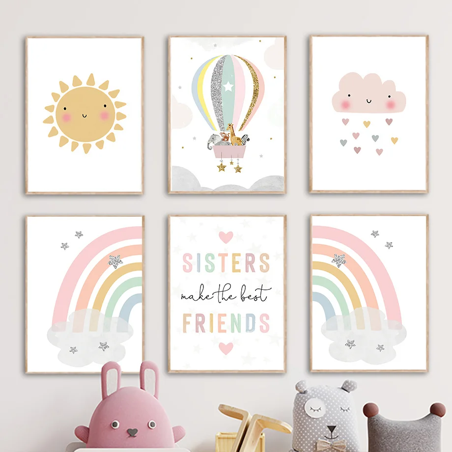 Baby Nursery Wall Decor - Żyrafa Słoń Balon Słońce Tęcza Plakaty