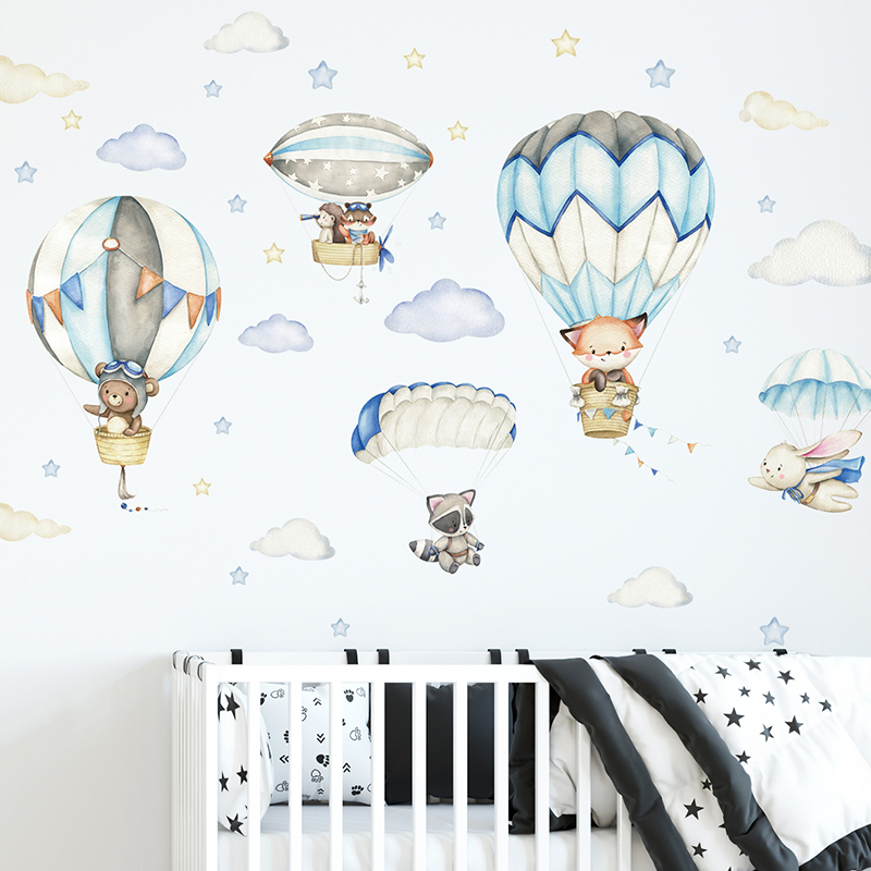 Baby Nursery Labels - Cartoon Cute Animals Hot Air Balloon