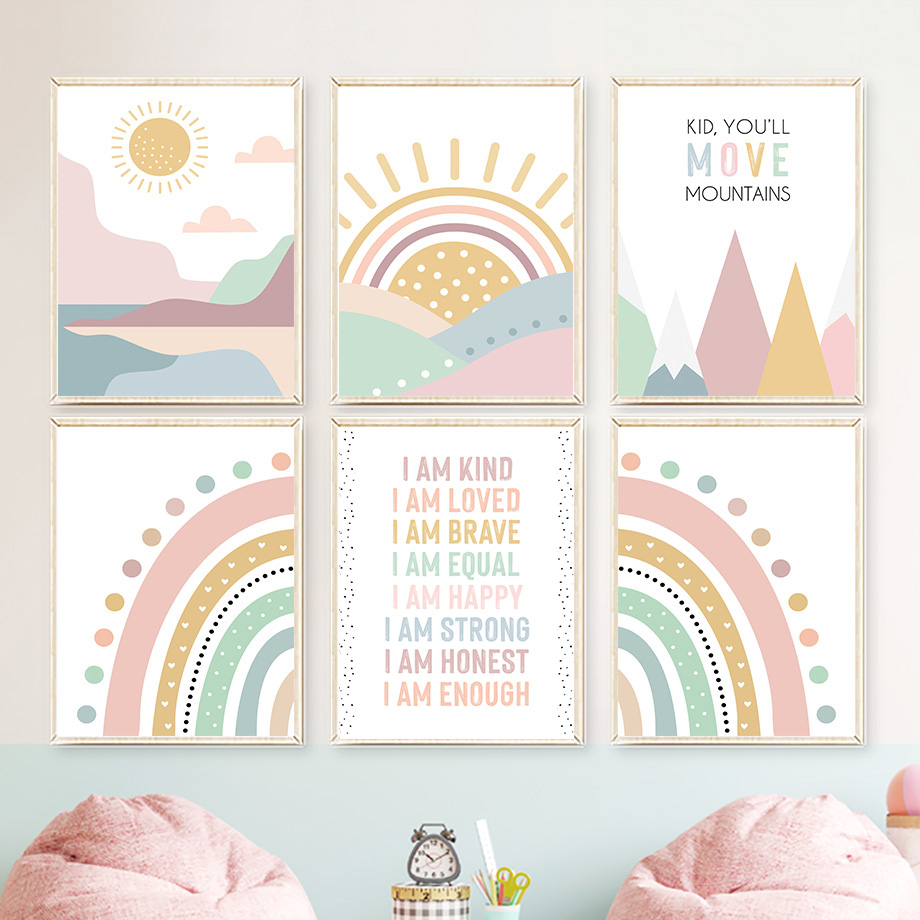 Baby Nursery Quotes - Różowe Góry Słońce Tęcza Cytat Bohemskie