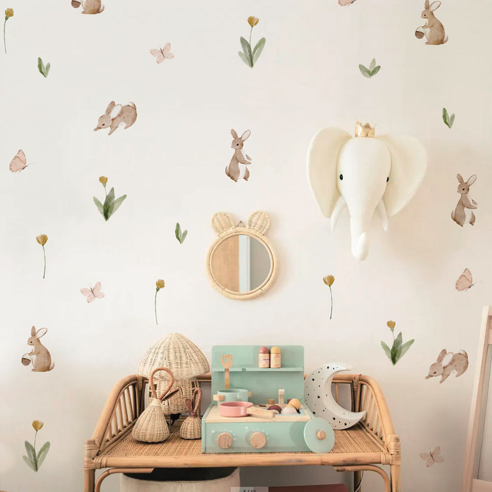 Baby Nursery Labels - Letnia akwarela Śliczne króliczki i kwiaty