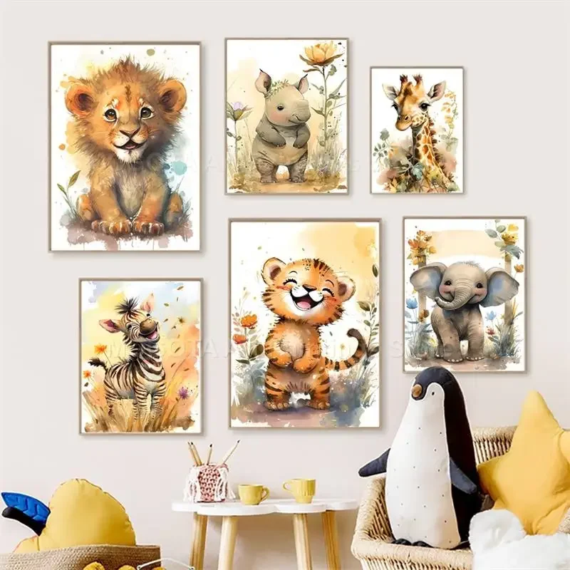 Baby Nursery Wall Decor - Akwarela Lew Żyrafa Tygrys Słoń Zebra