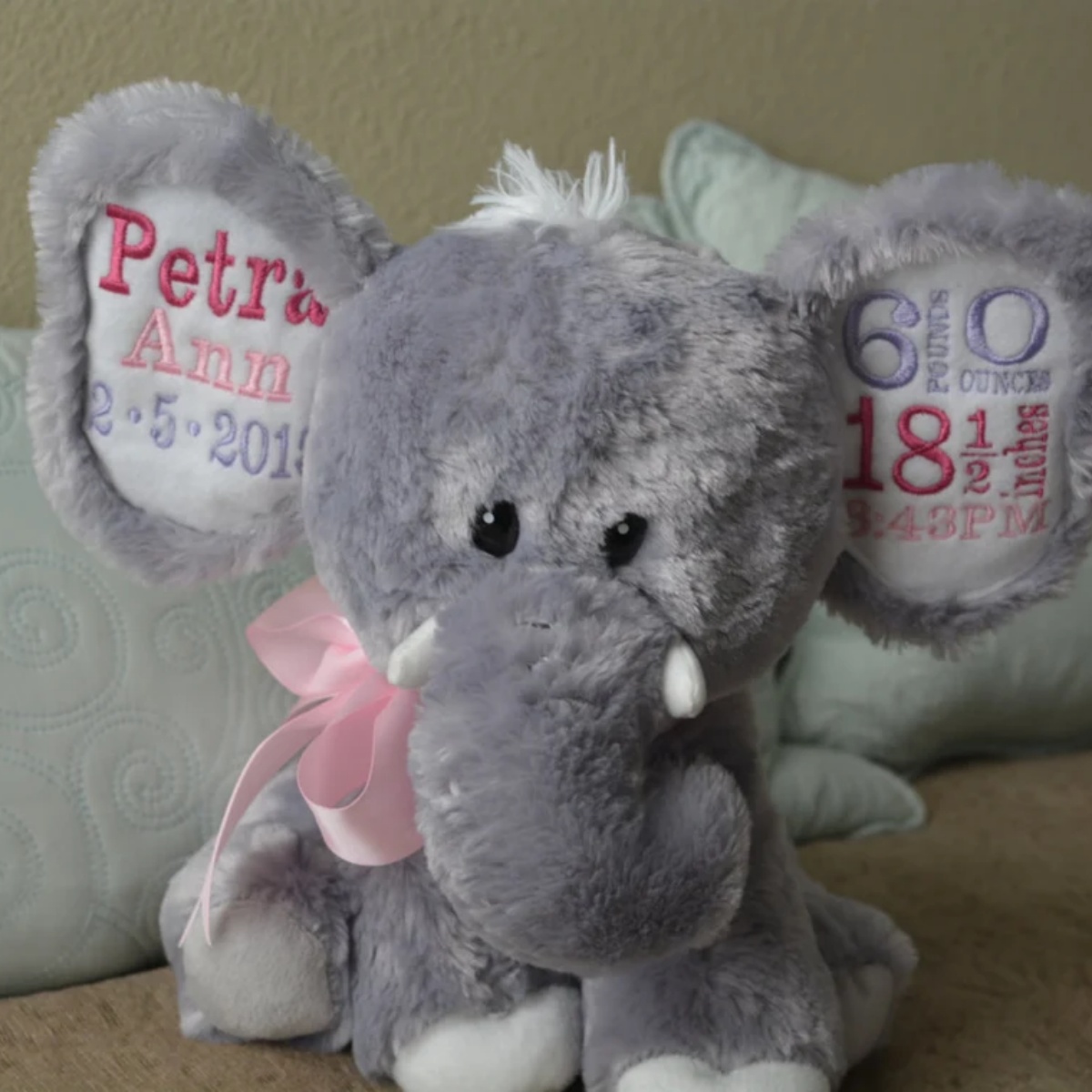 Baby Nursery Keepsake - Pluszowy słonik z personalizowanymi statystykami urodzenia