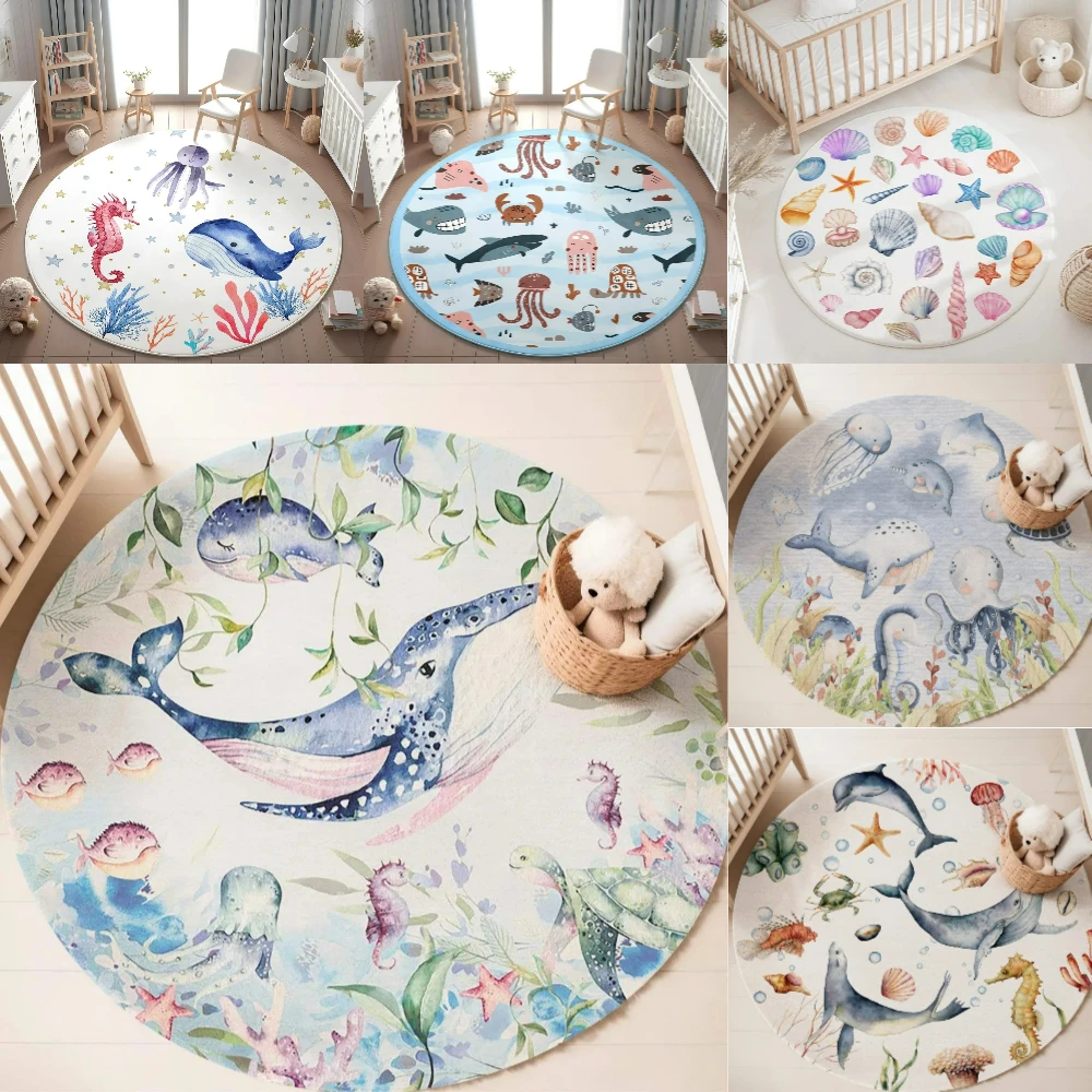 Baby Nursery Carpet - Niebieski dywan z motywem morskich zwierząt,