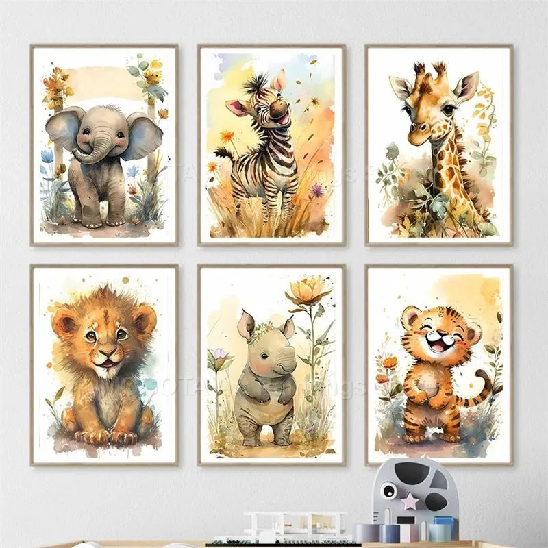 Akwarela Lew Żyrafa Tygrys Sło – Baby Nursery Wall Decor recenzja i cena